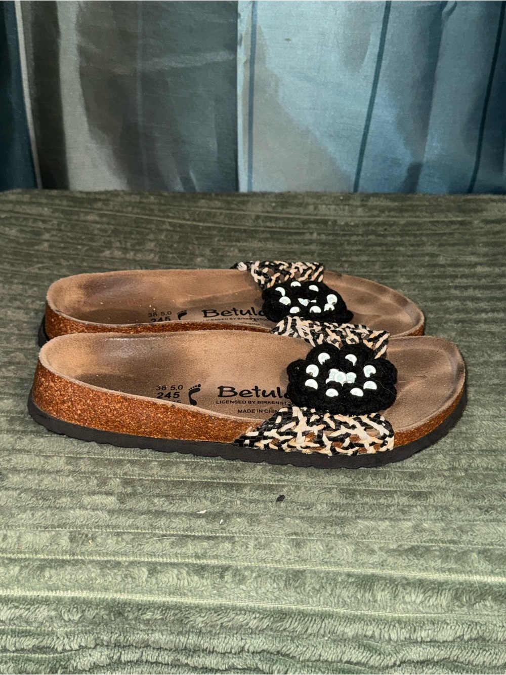 Betula Women's Leopard-Accent Cork Slide Sandals in Black and Tan